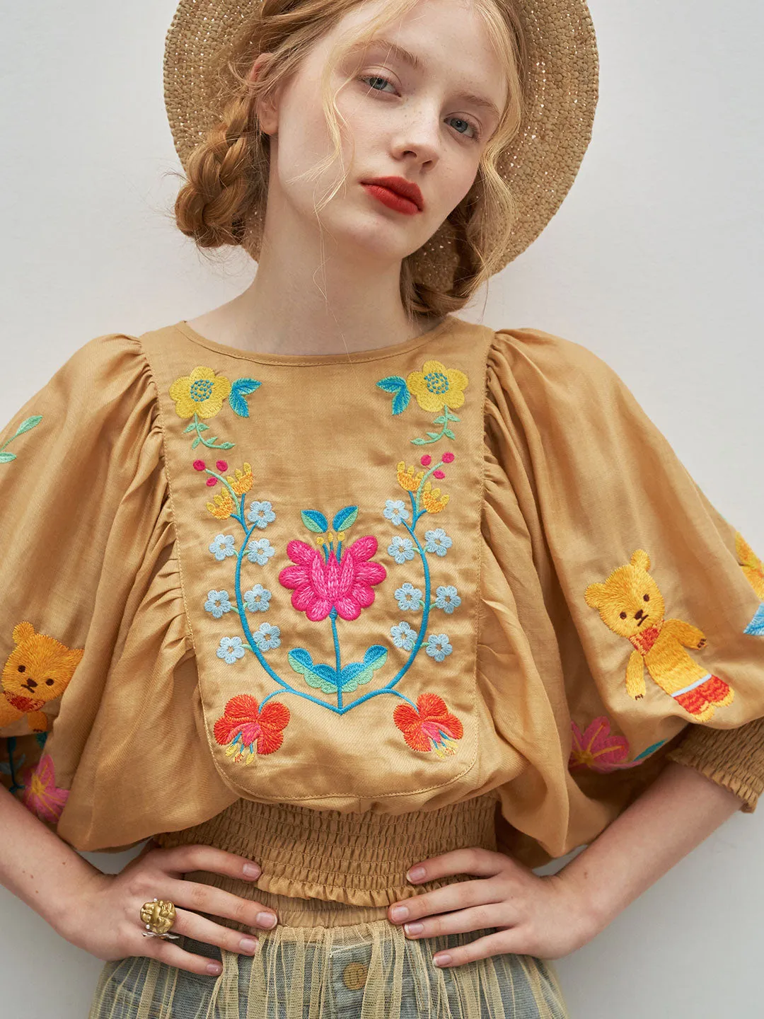 Unlogical Poem Bohemian Illustration Embroidery Silk Linen Cape Sleeve Blouse