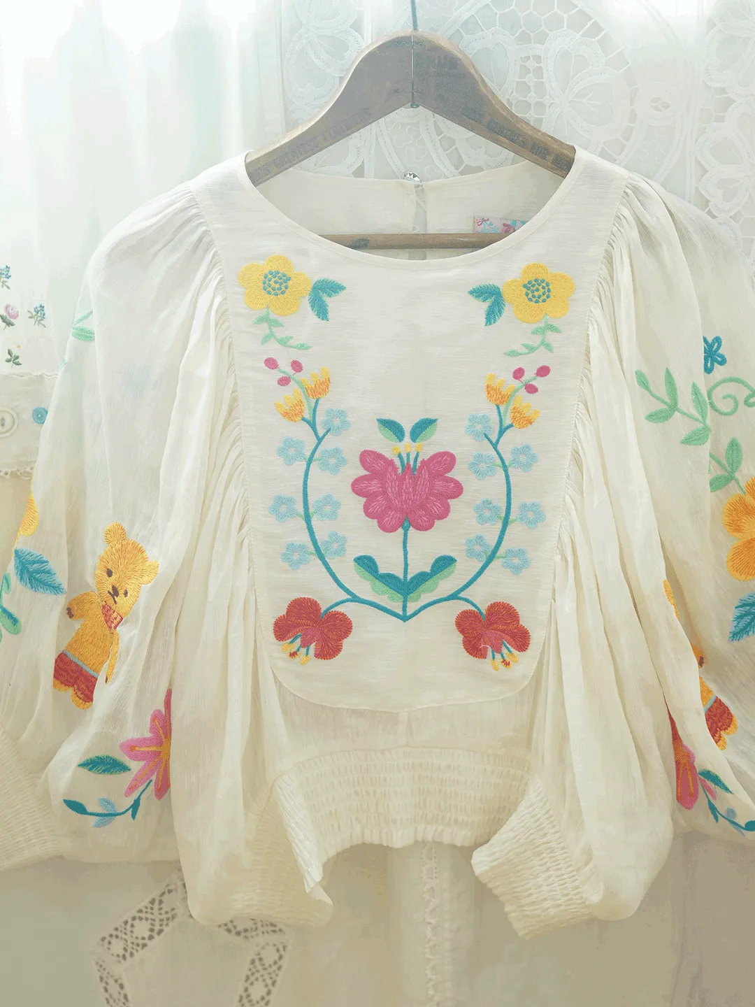 Unlogical Poem Bohemian Illustration Embroidery Silk Linen Cape Sleeve Blouse