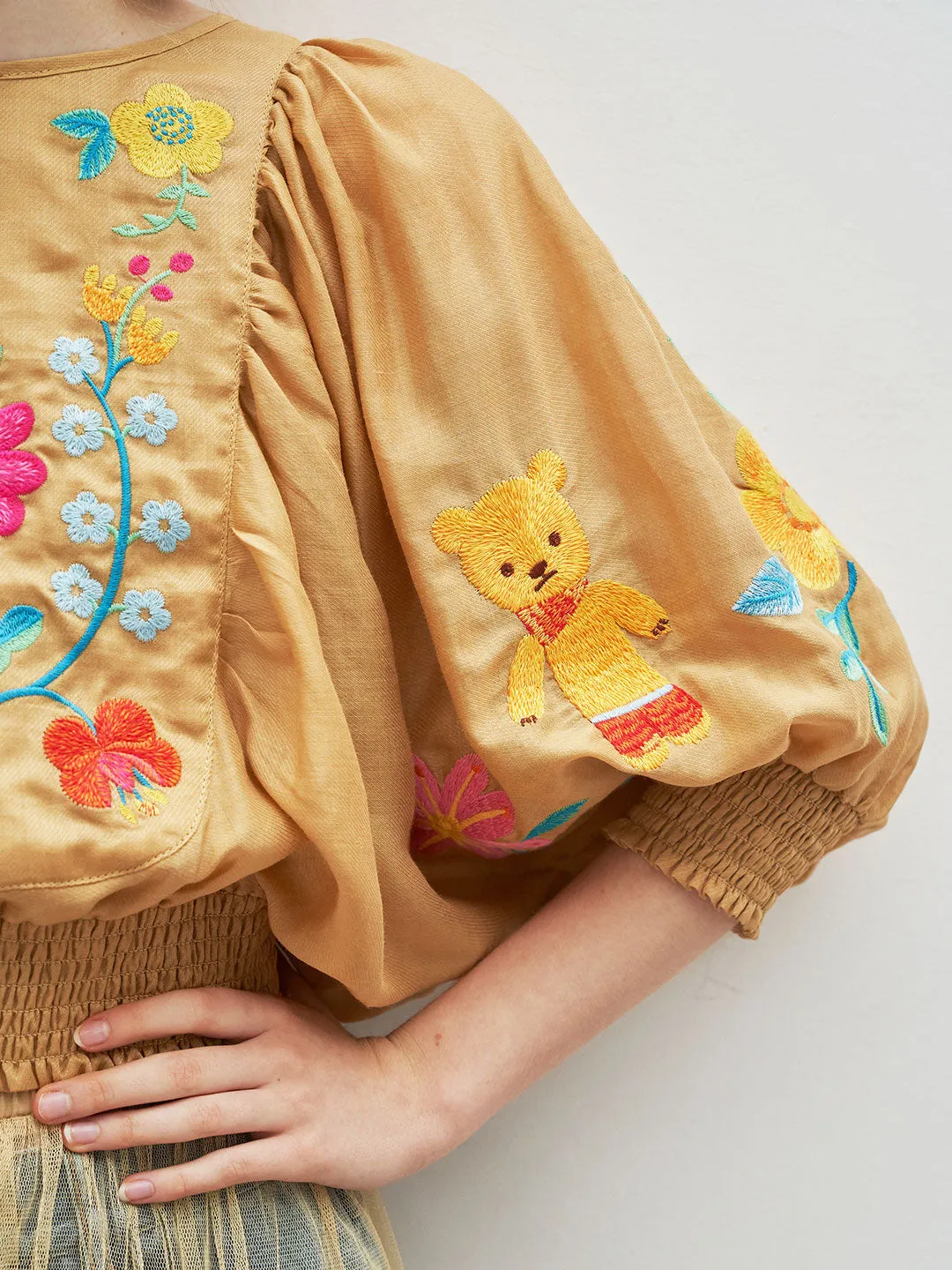 Unlogical Poem Bohemian Illustration Embroidery Silk Linen Cape Sleeve Blouse