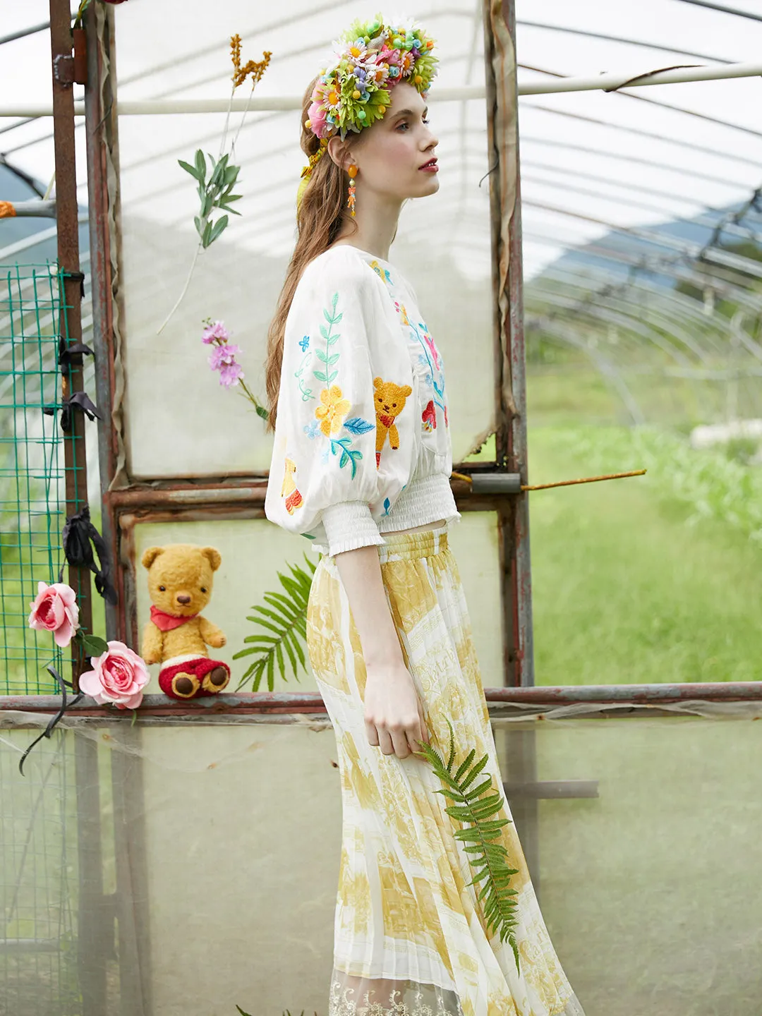 Unlogical Poem Bohemian Illustration Embroidery Silk Linen Cape Sleeve Blouse