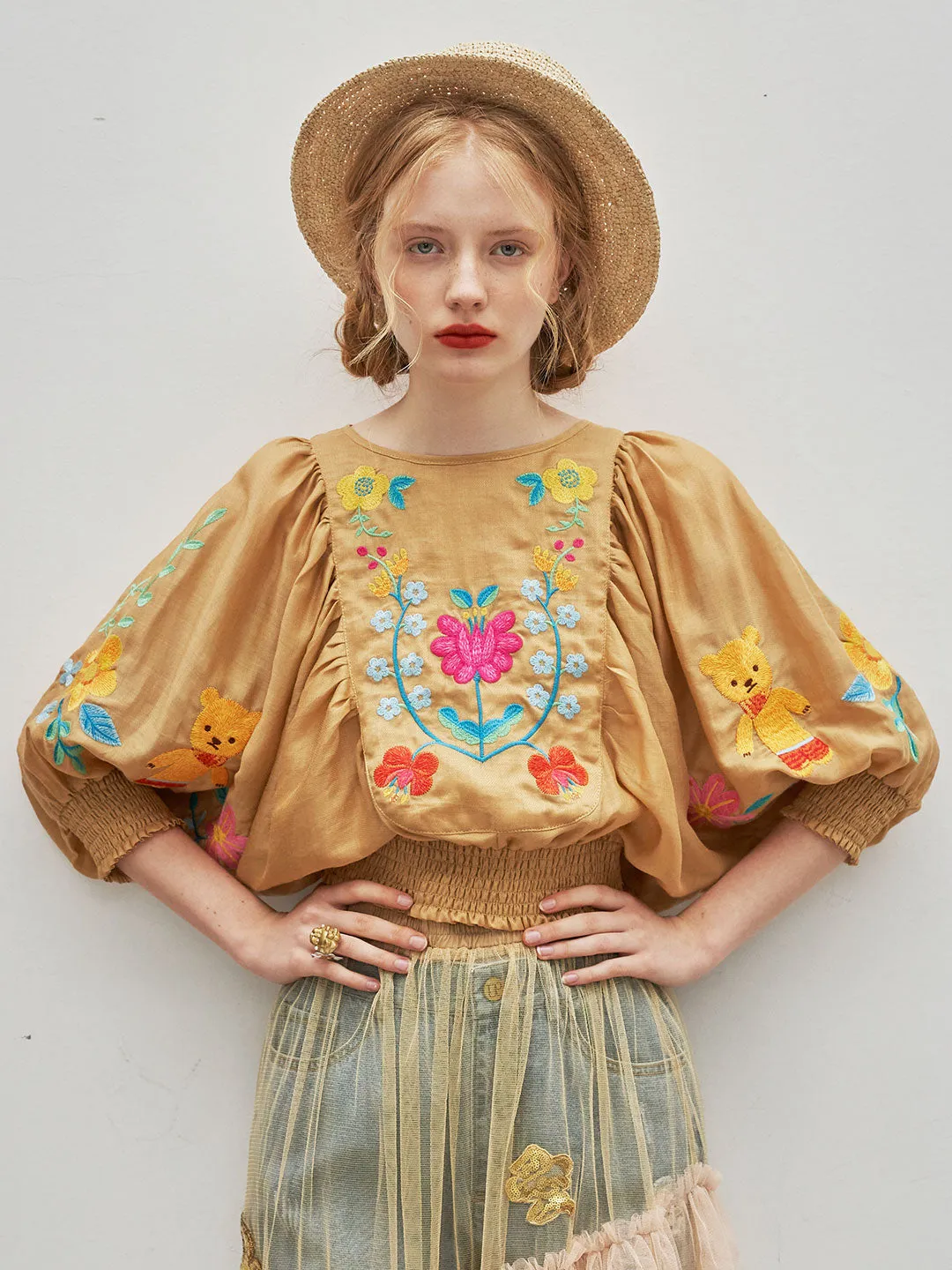 Unlogical Poem Bohemian Illustration Embroidery Silk Linen Cape Sleeve Blouse