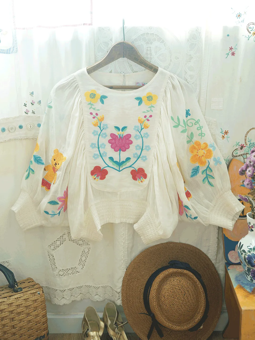 Unlogical Poem Bohemian Illustration Embroidery Silk Linen Cape Sleeve Blouse