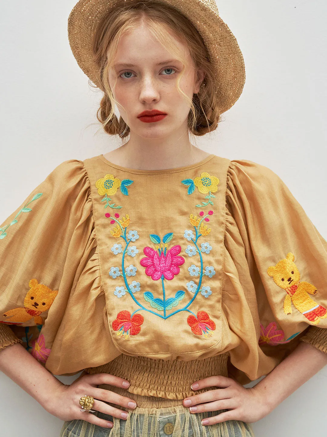 Unlogical Poem Bohemian Illustration Embroidery Silk Linen Cape Sleeve Blouse