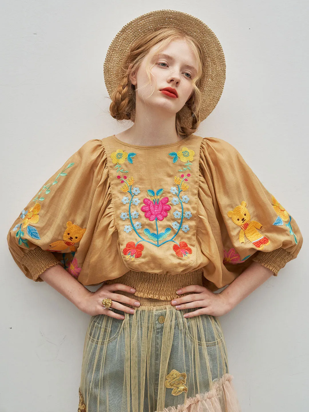 Unlogical Poem Bohemian Illustration Embroidery Silk Linen Cape Sleeve Blouse