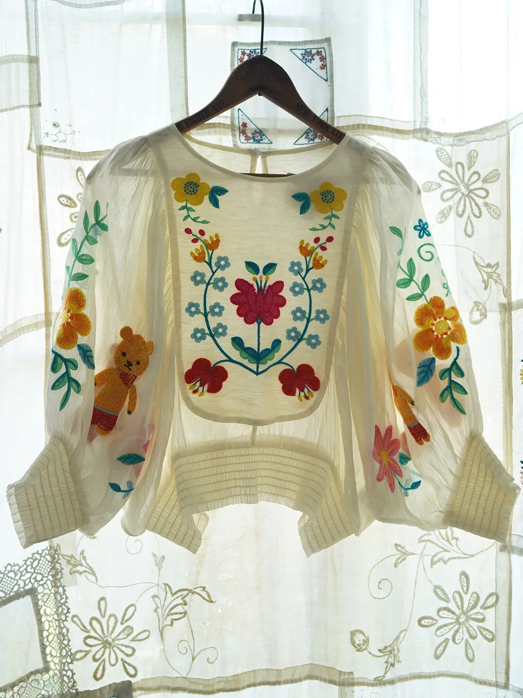 Unlogical Poem Bohemian Illustration Embroidery Silk Linen Cape Sleeve Blouse