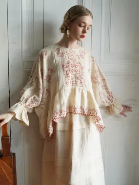 Unlogical Poem Retro Style Paper-cut Embroidery Cape Sleeve Blouse