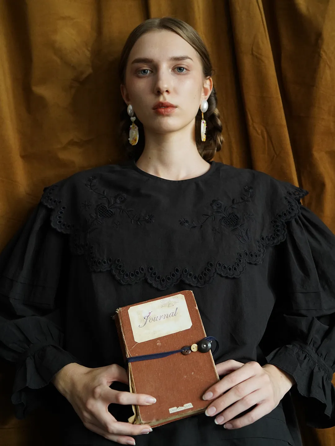 Unlogical Poem Victorian style Hollow Embroidery Black Shirt