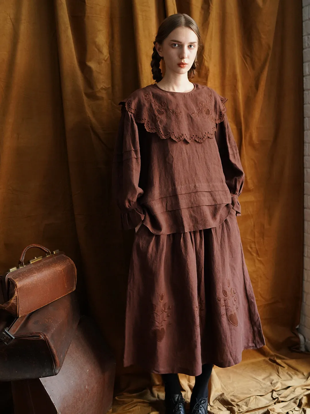 Unlogical Poem Victorian style Hollow Embroidery Brown Shirt