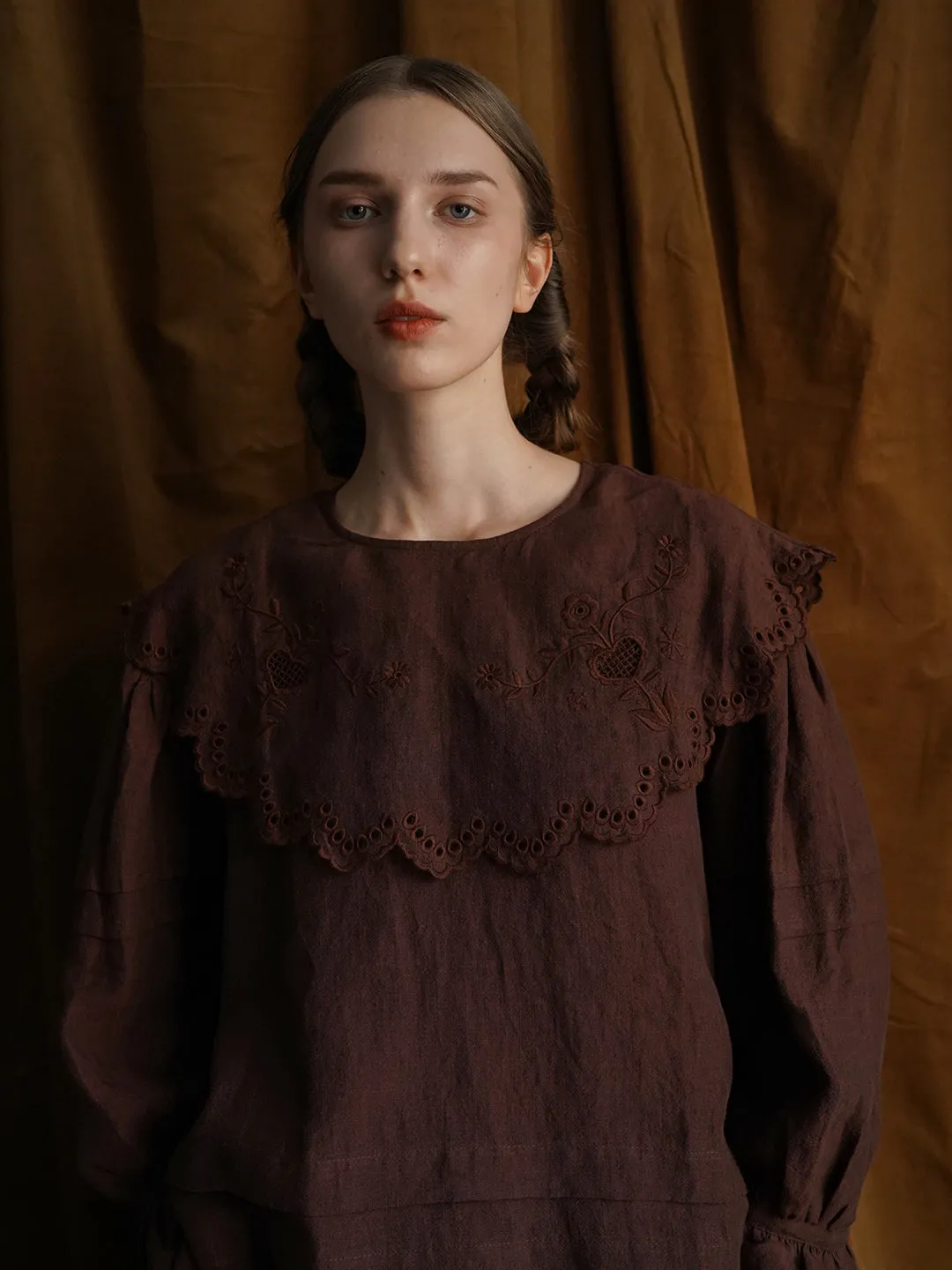 Unlogical Poem Victorian style Hollow Embroidery Brown Shirt