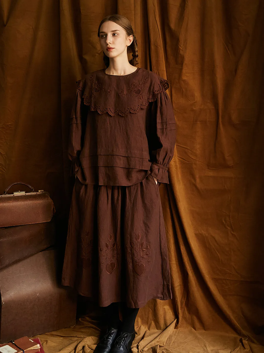 Unlogical Poem Victorian style Hollow Embroidery Brown Shirt