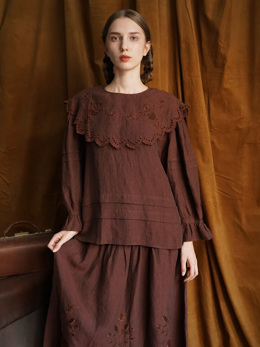 Unlogical Poem Victorian style Hollow Embroidery Brown Shirt