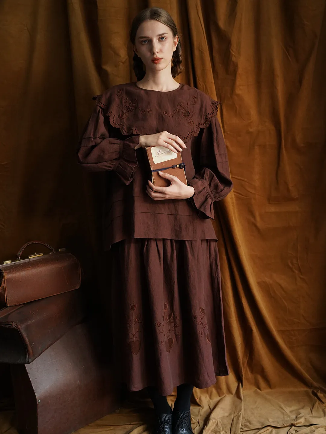 Unlogical Poem Victorian style Hollow Embroidery Brown Shirt