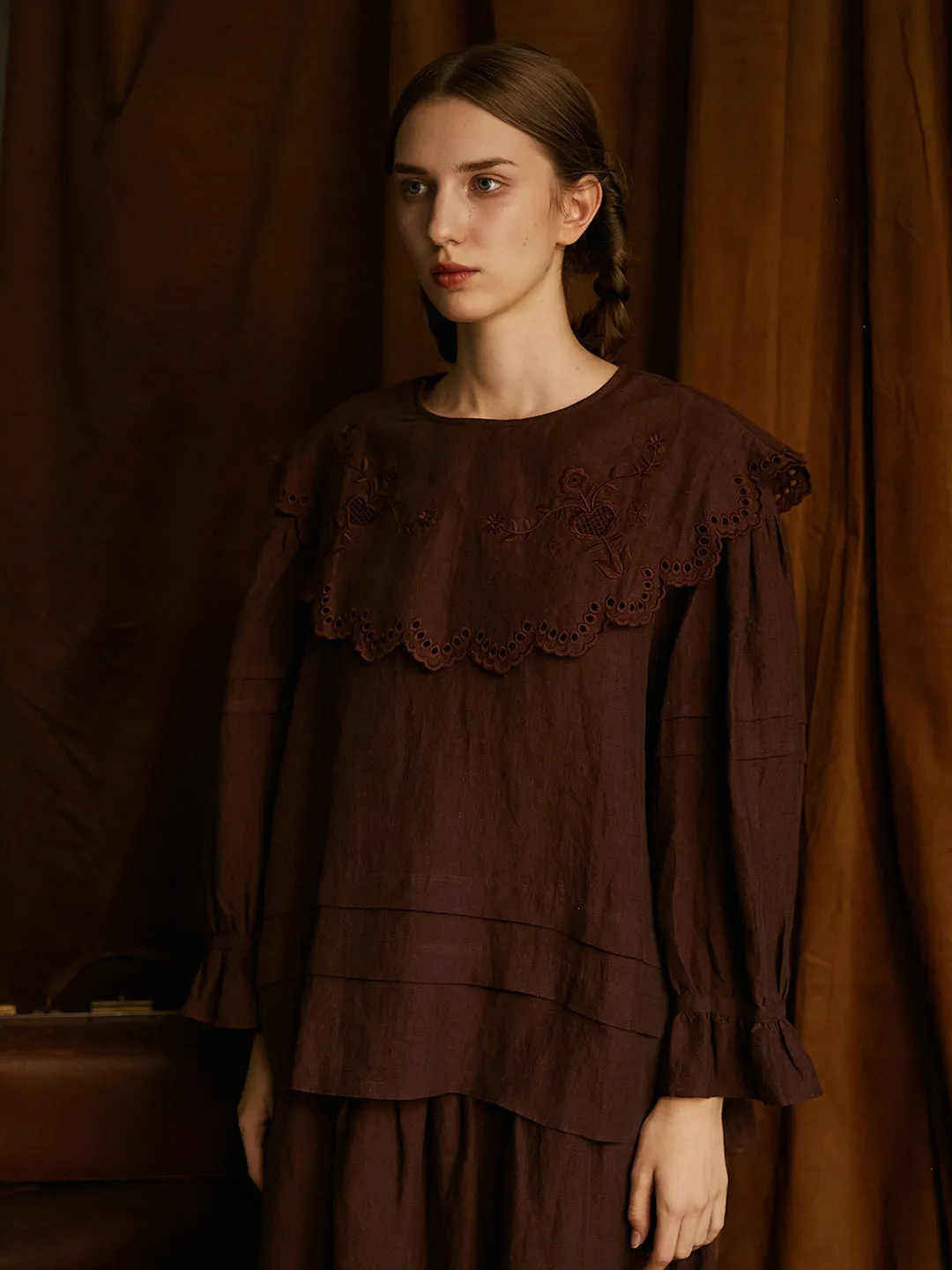 Unlogical Poem Victorian style Hollow Embroidery Brown Shirt