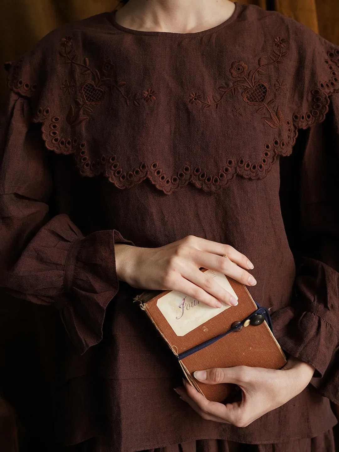 Unlogical Poem Victorian style Hollow Embroidery Brown Shirt