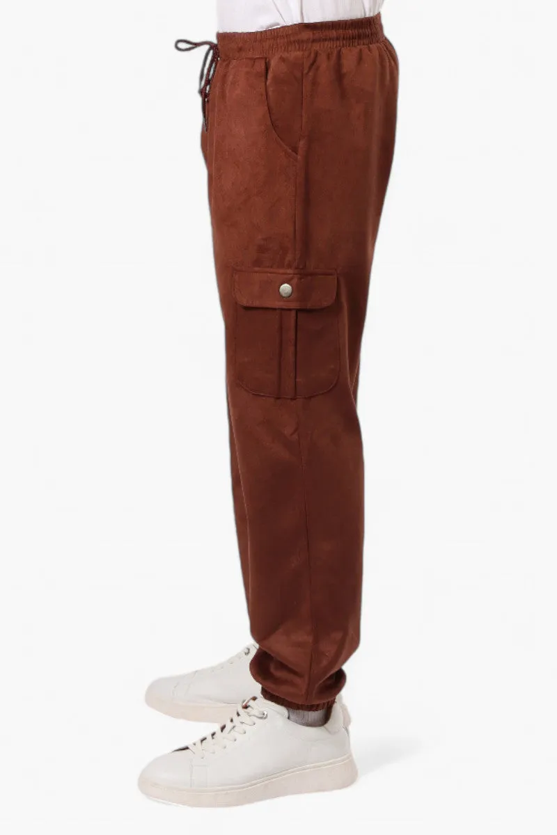 Urbanology Tie Waist Suede Cargo Jogger Pants - Brown