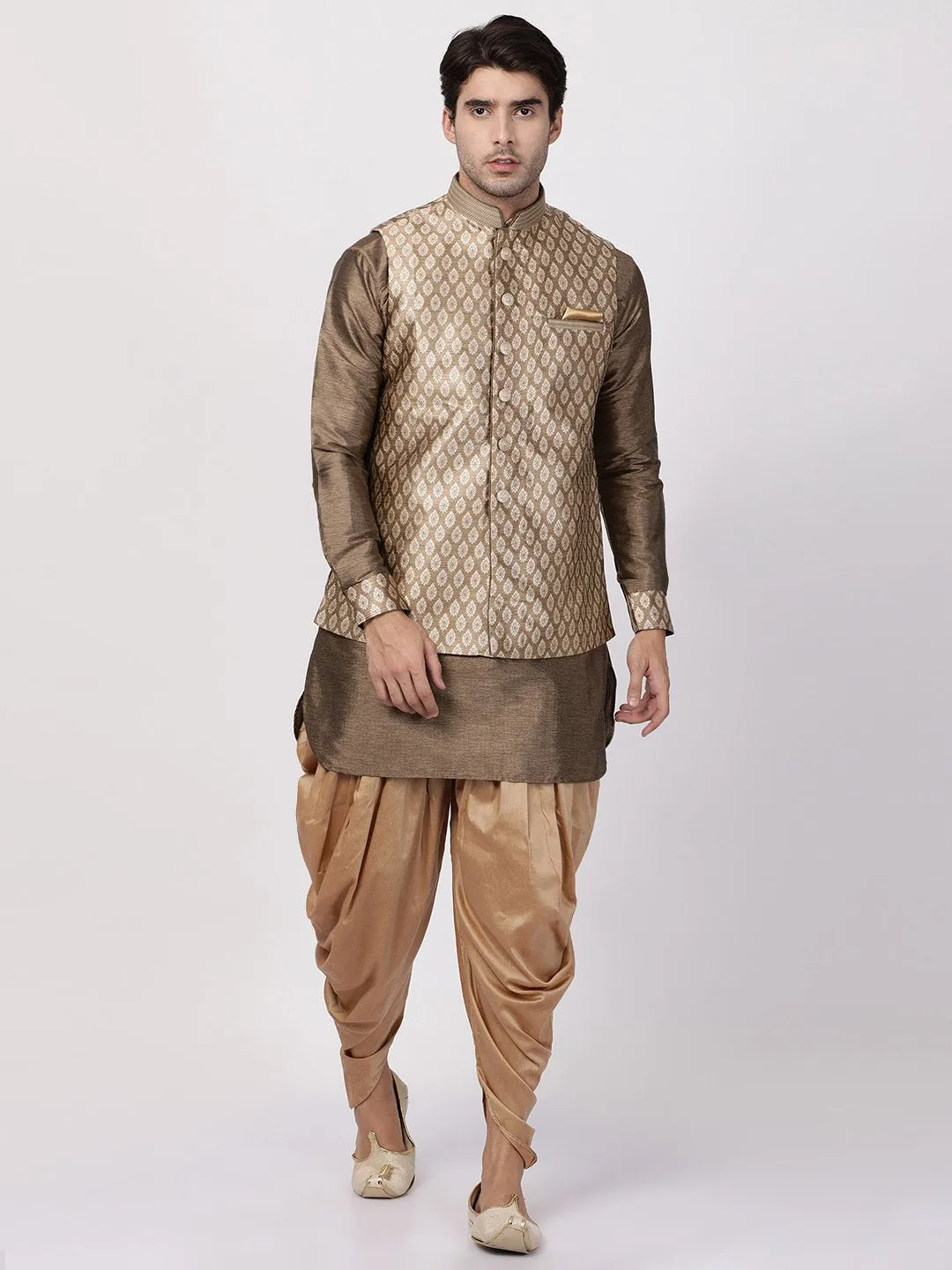 VASTRAMAY Gold Nehru Jacket Kurta Dhoti