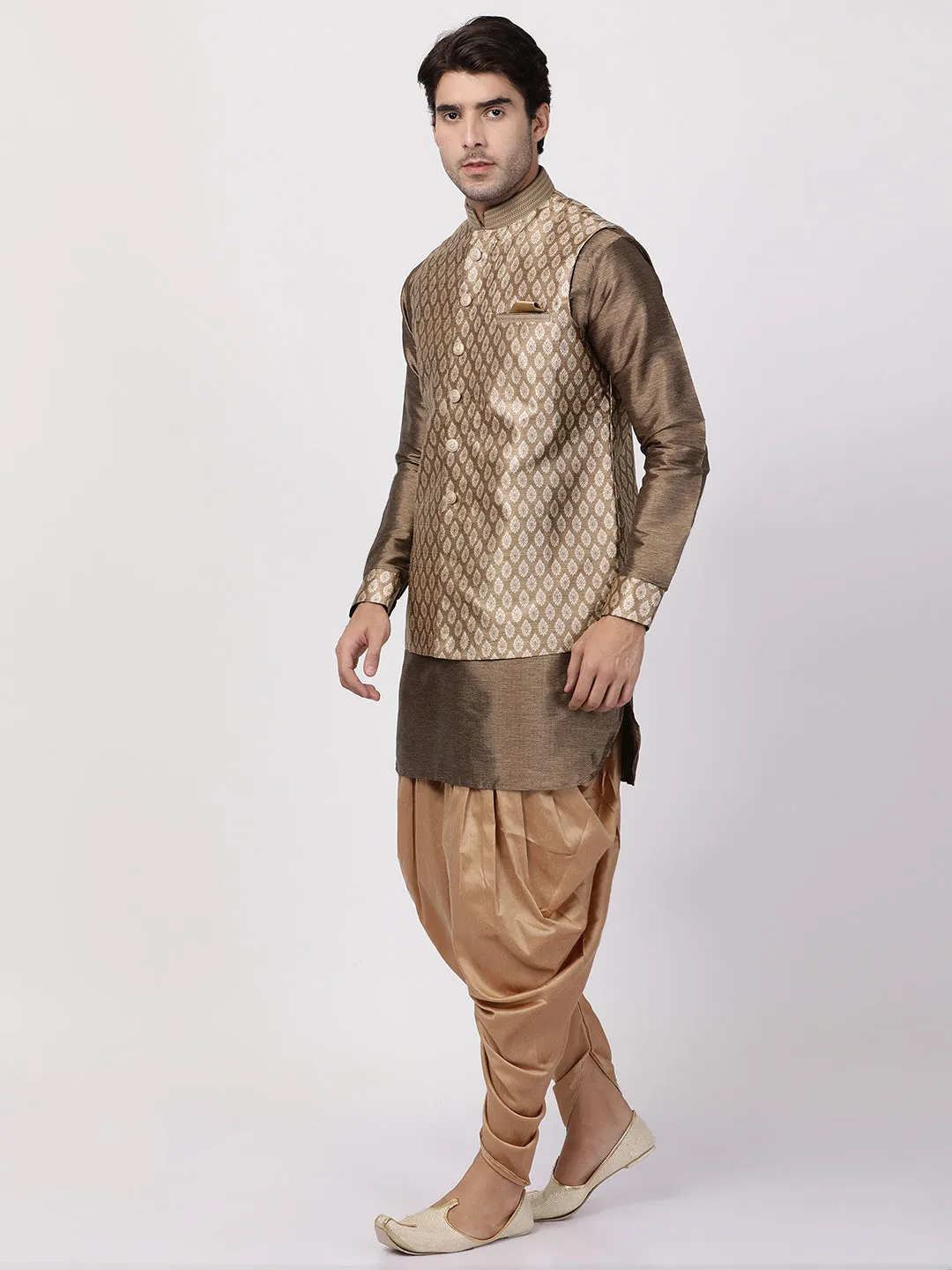 VASTRAMAY Gold Nehru Jacket Kurta Dhoti