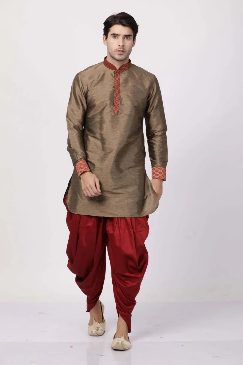 VASTRAMAY Men's Bronze Silk Kurta Dhoti Set