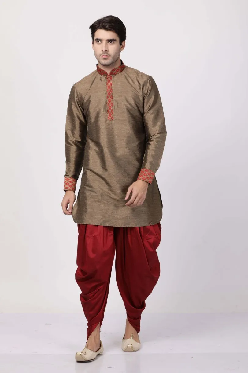 VASTRAMAY Men's Bronze Silk Kurta Dhoti Set