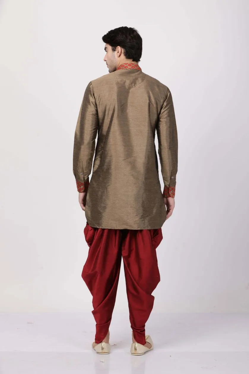 VASTRAMAY Men's Bronze Silk Kurta Dhoti Set