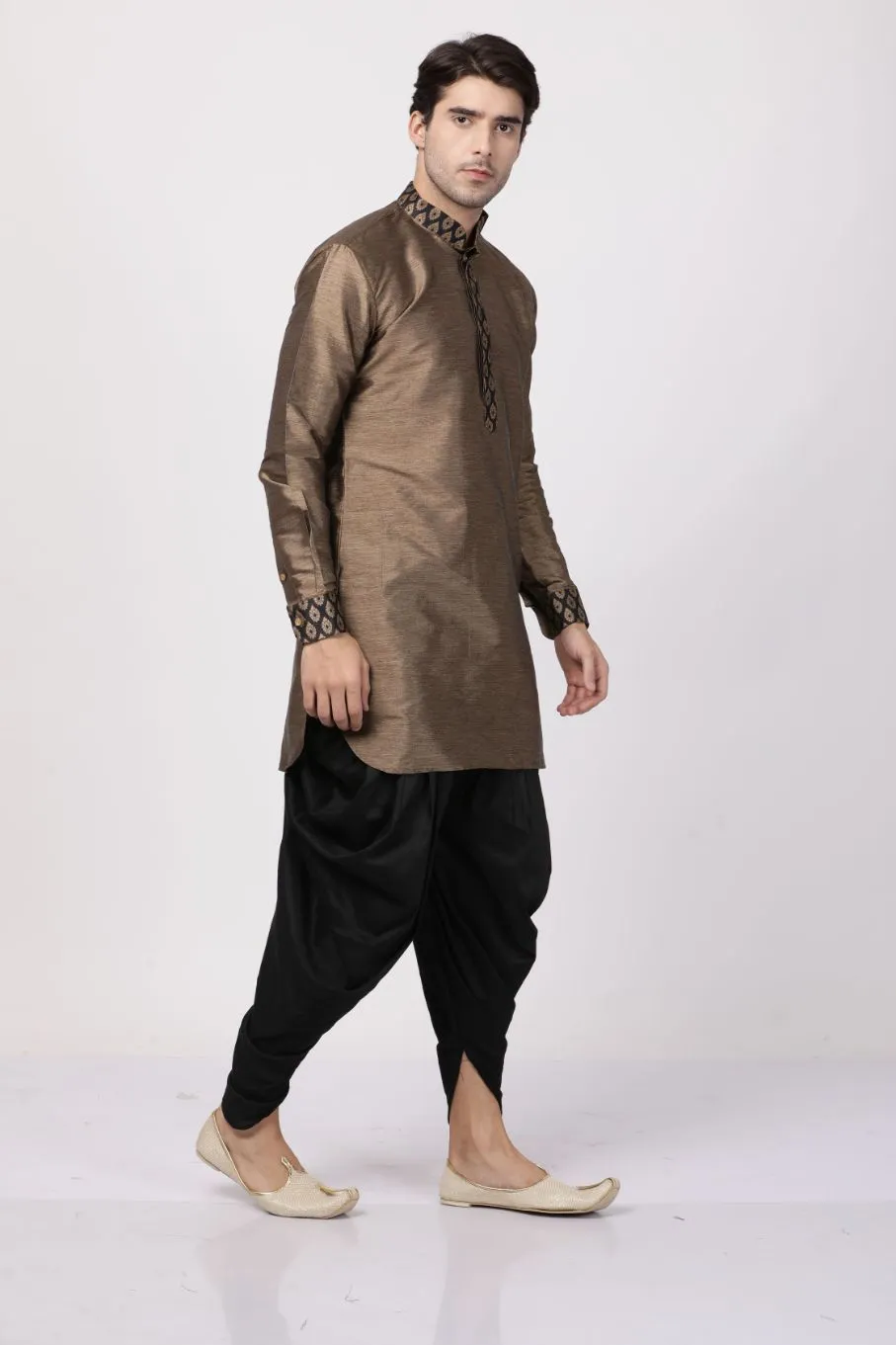 VASTRAMAY Men's Bronze Silk Kurta Dhoti