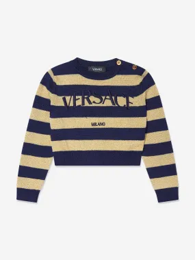 Versace Girls Striped Cropped Jumper in Navy