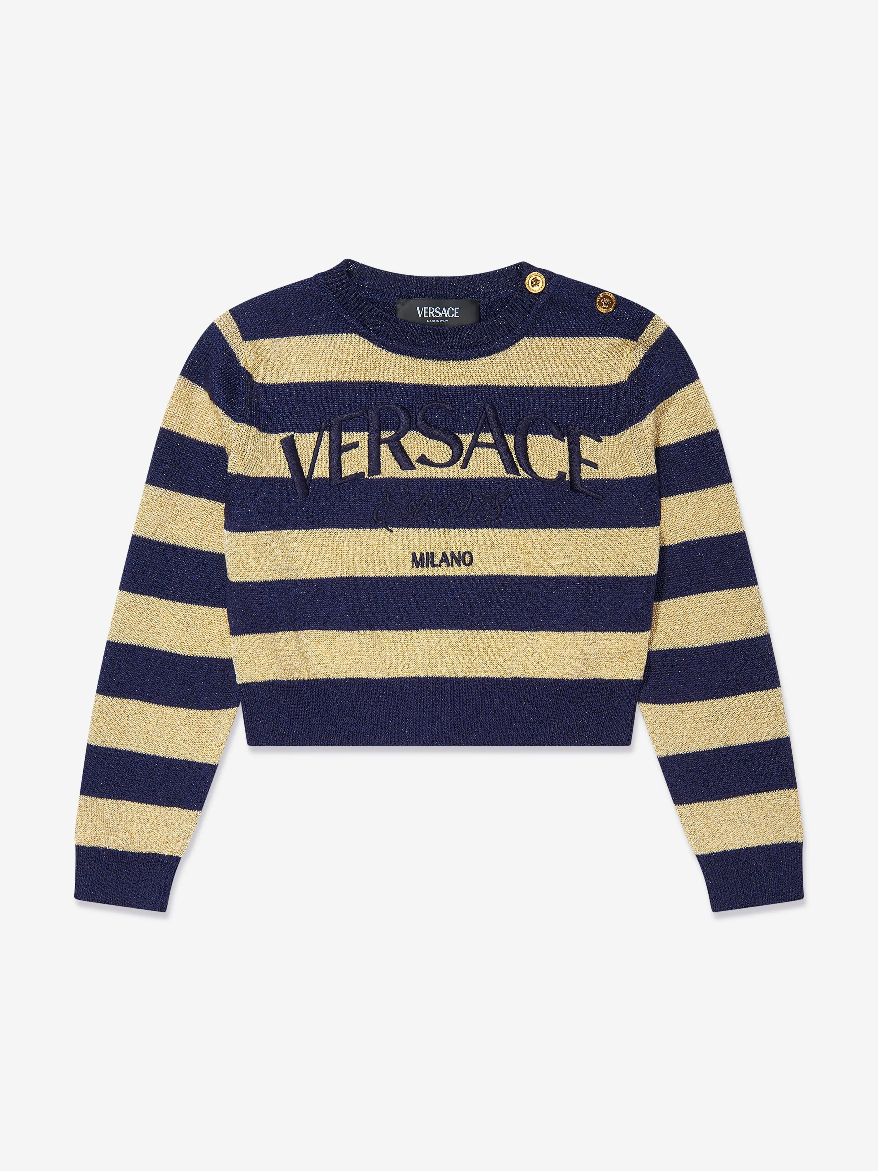 Versace Girls Striped Cropped Jumper in Navy