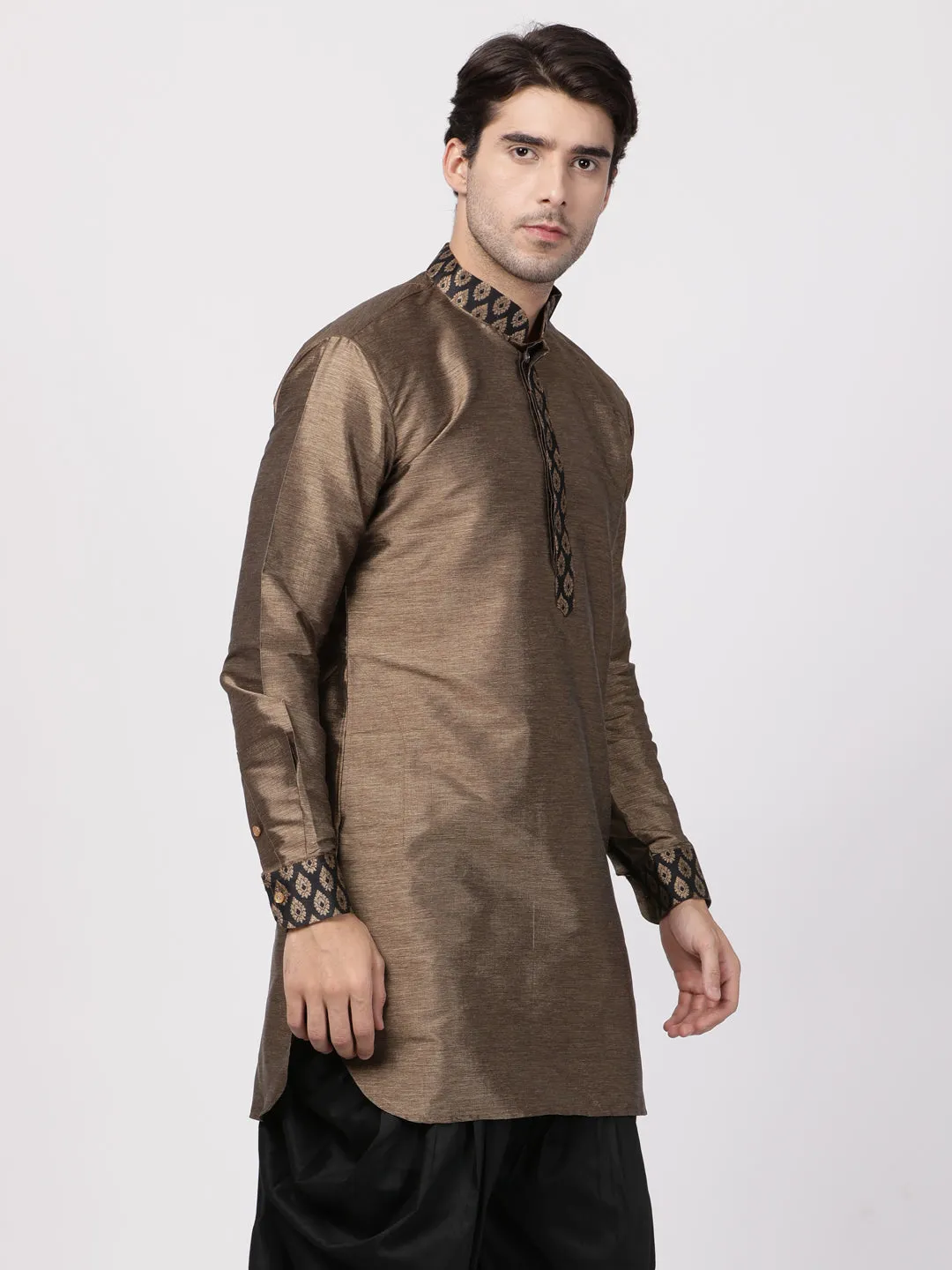 VM By VASTRAMAY Men's Bronze And Black Silk Blend Kurta