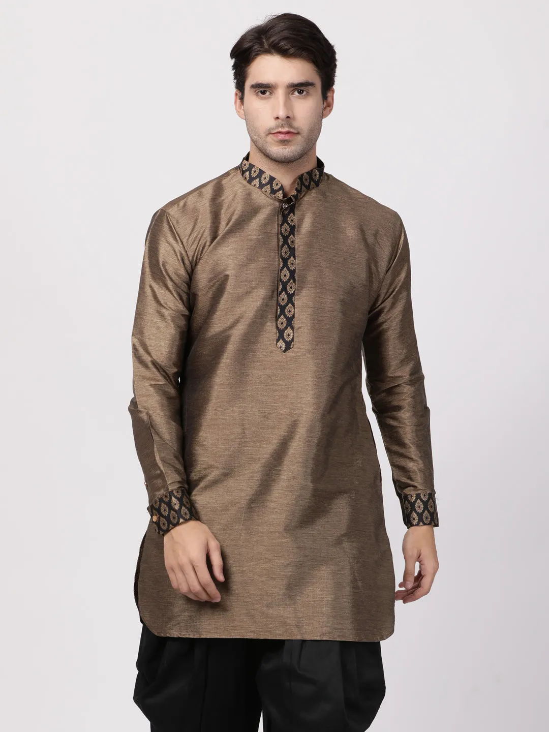 VM By VASTRAMAY Men's Bronze And Black Silk Blend Kurta