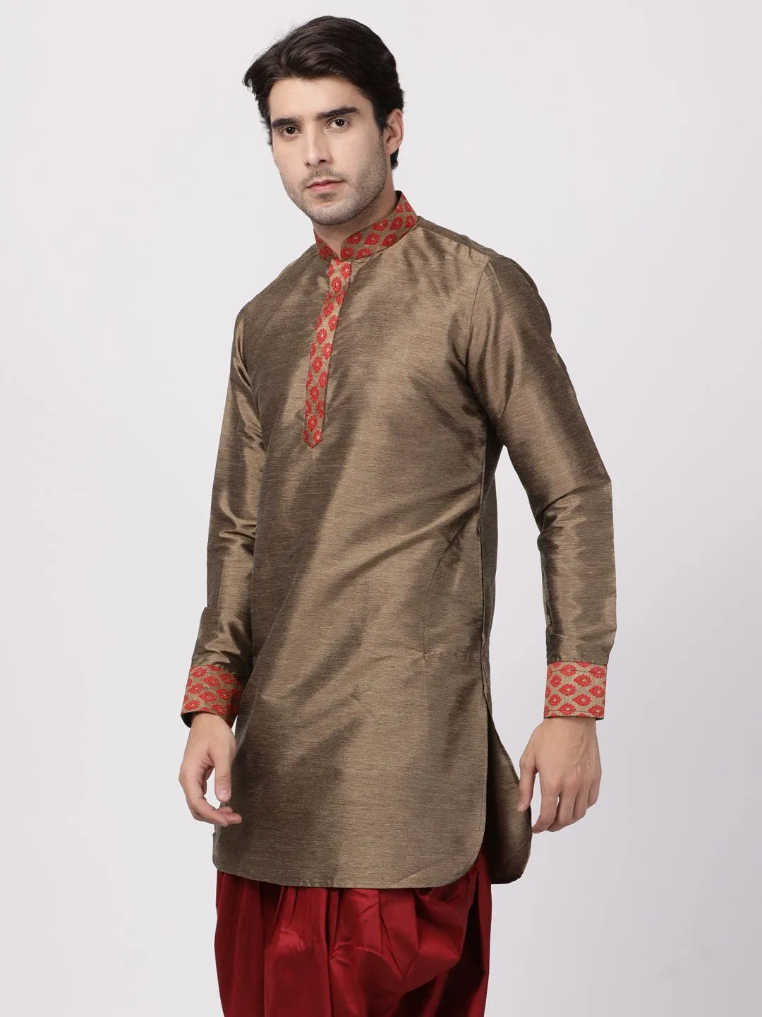 VM By VASTRAMAY Men's Bronze and Maroon Toned Silk Blend Kurta