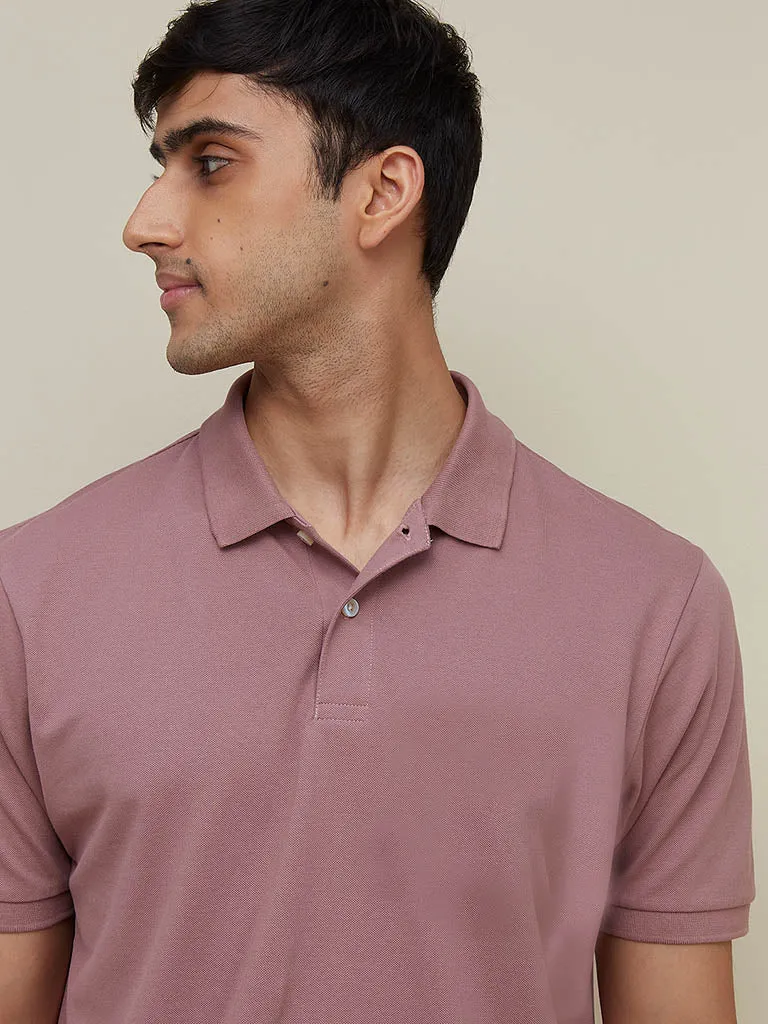 WES Casuals Dull Pink Cotton Blend Relaxed Fit Polo T-Shirt