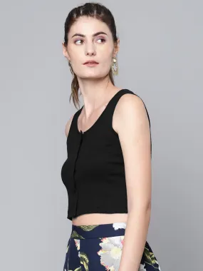 Women Black Front Button Sleeveless Rib Crop Top