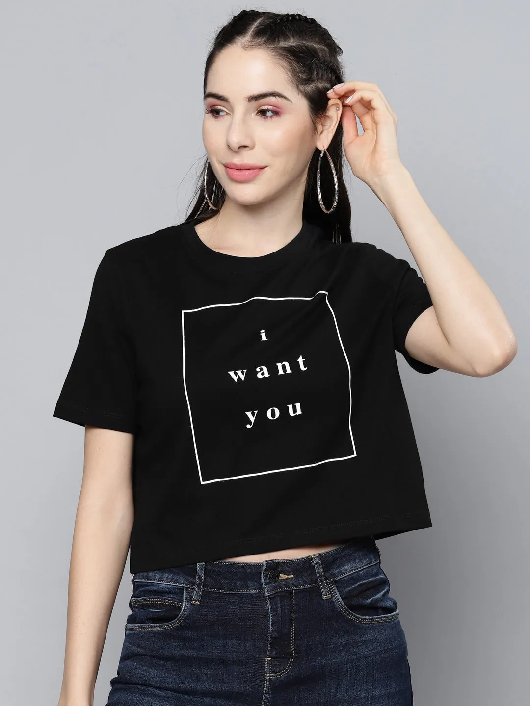 Women Black I-Want-You Crop Boxy T-Shirt