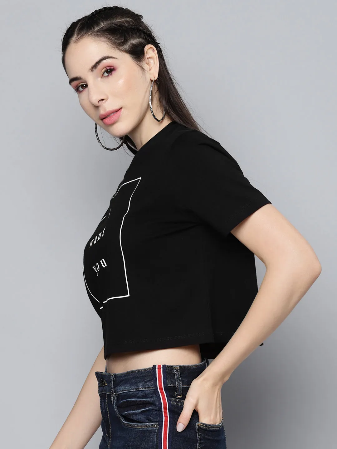 Women Black I-Want-You Crop Boxy T-Shirt