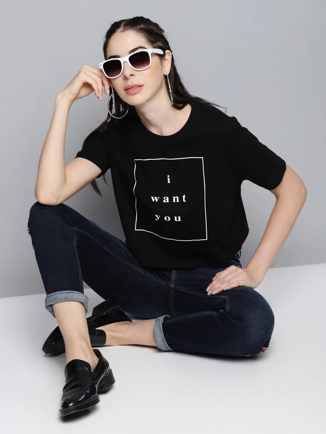 Women Black I-Want-You Crop Boxy T-Shirt