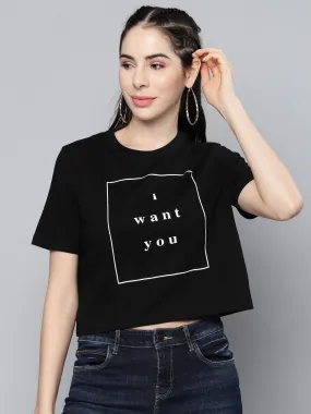 Women Black I-Want-You Crop Boxy T-Shirt