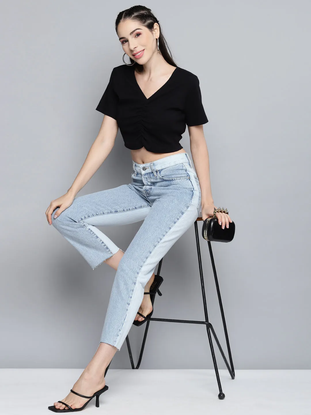 Women Black Ruched Front Rib Crop Top