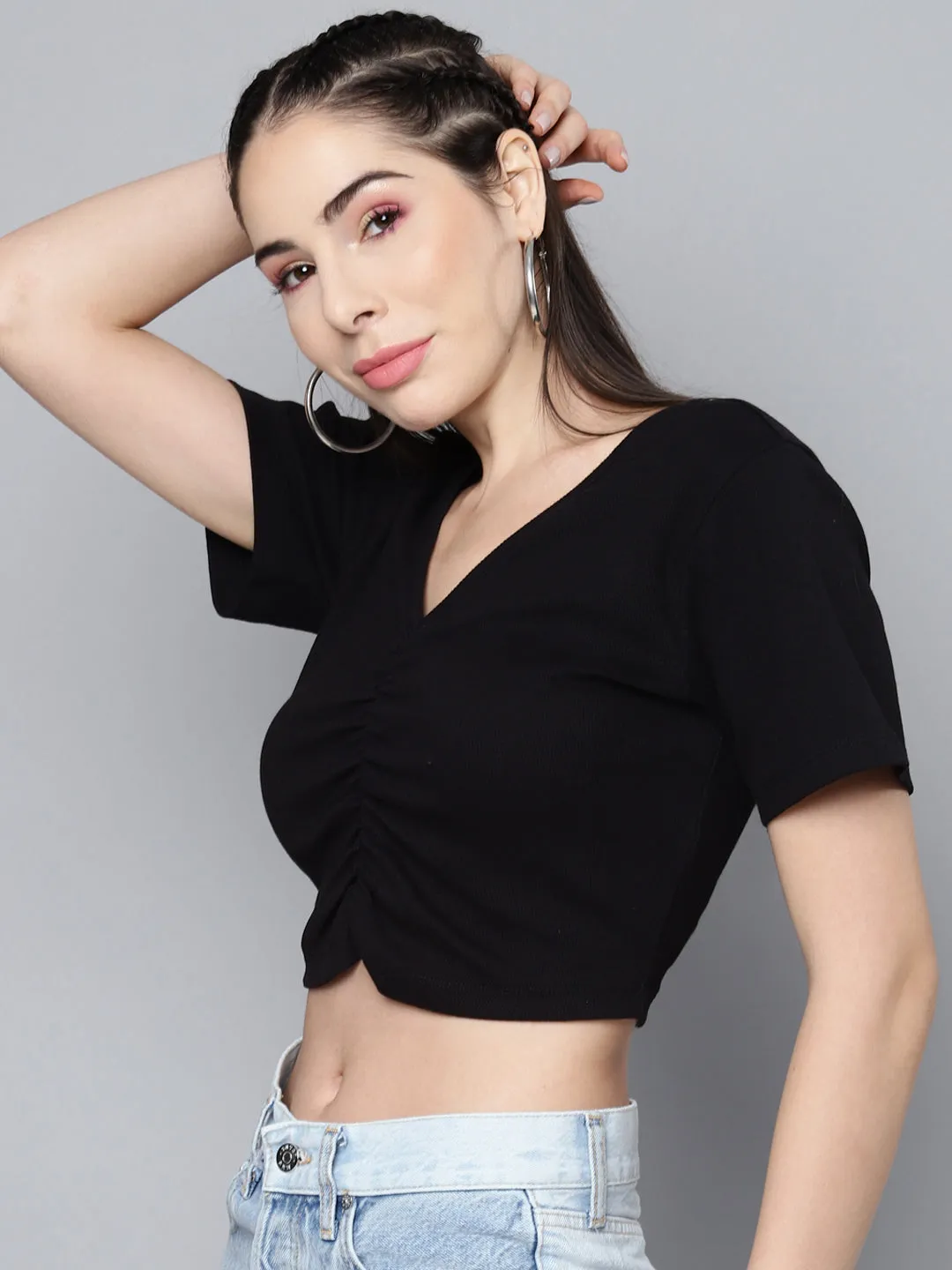 Women Black Ruched Front Rib Crop Top