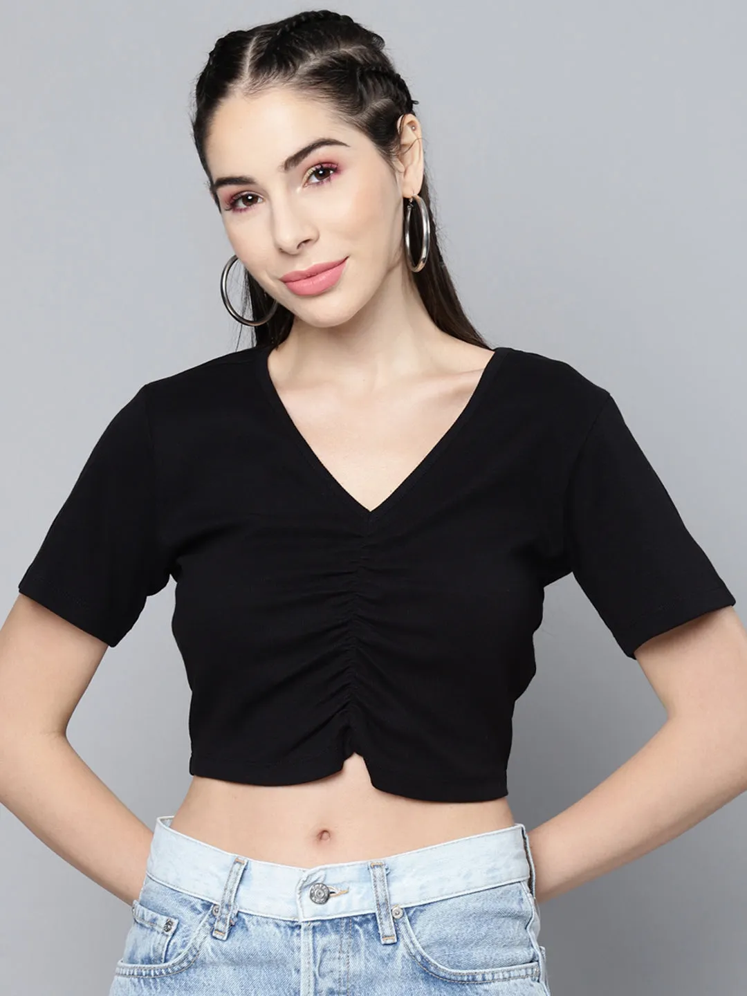 Women Black Ruched Front Rib Crop Top