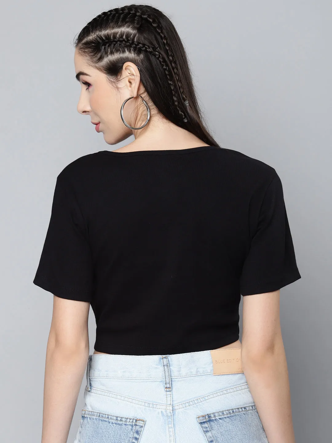 Women Black Ruched Front Rib Crop Top