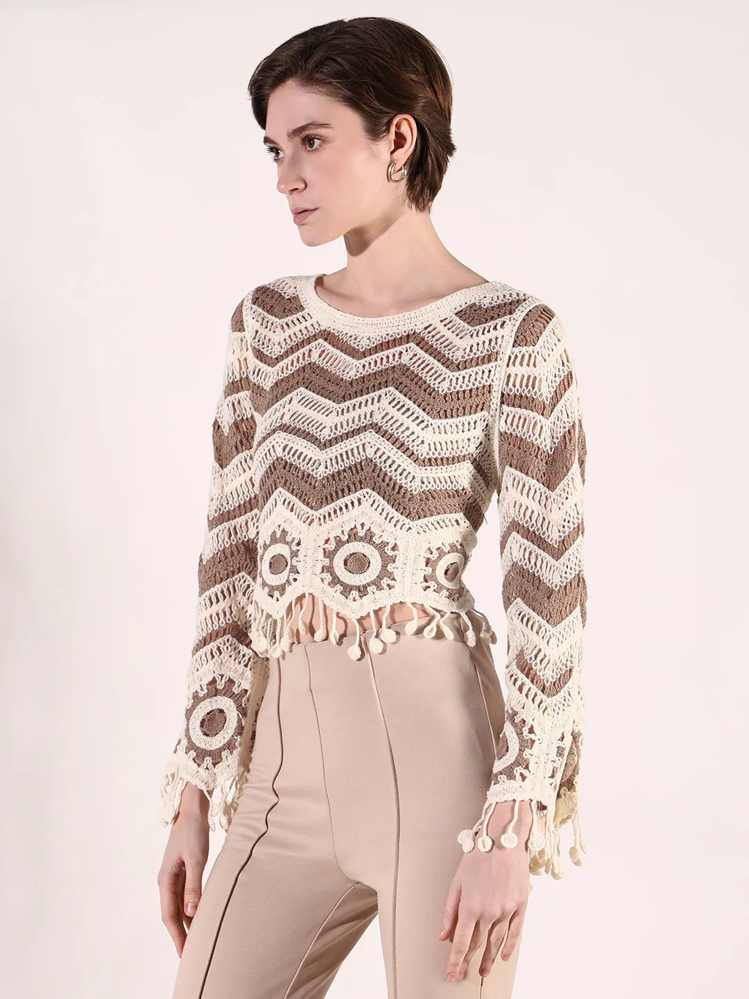 Women Brown Geometric Crochet Top