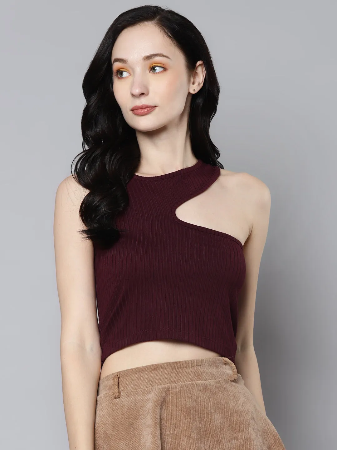 Women Burgundy Rib Asymmetric Armhole Crop Top