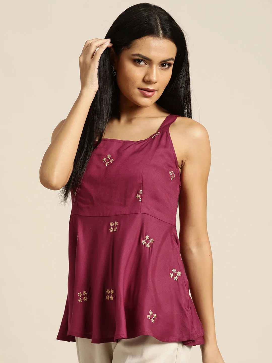 Women Burgundy Zari Embroidered Liva Strappy Top