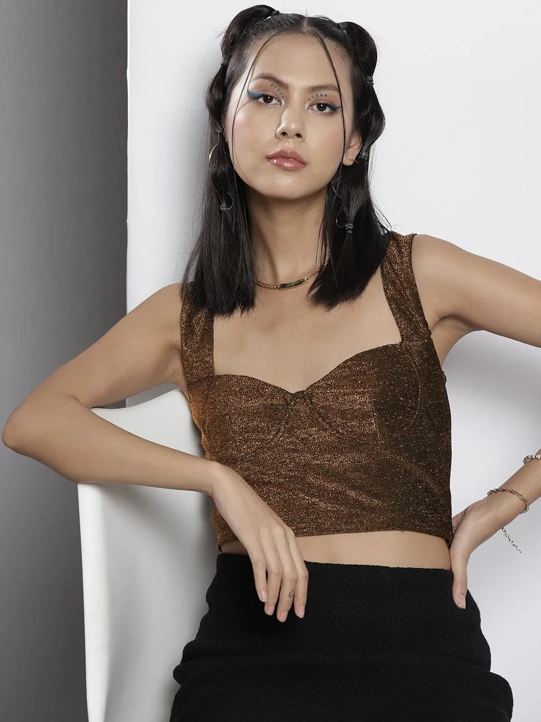 Women Gold Lurex Sweetheat Neck Back Cut-Out Crop Top