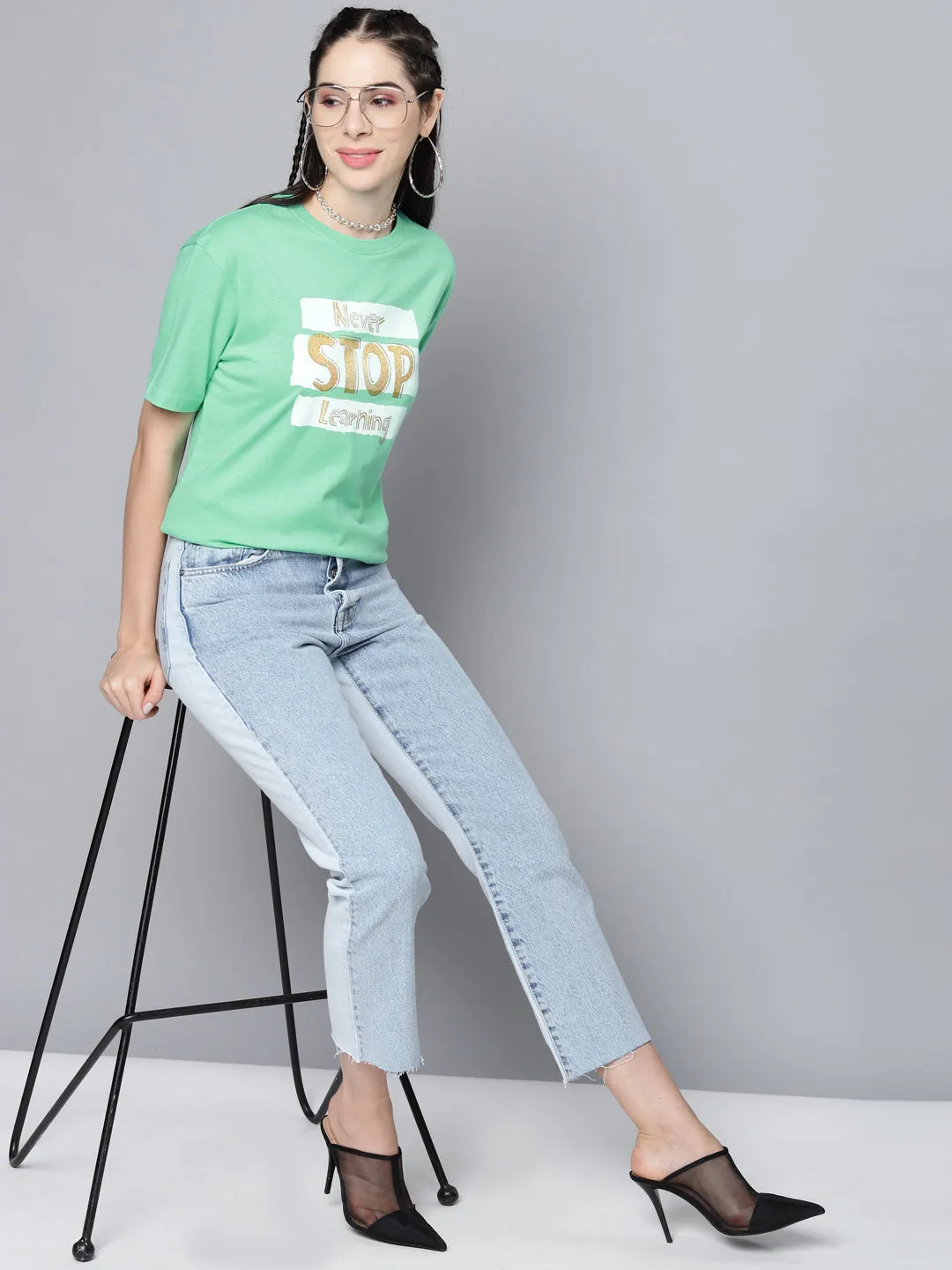 Women Green Never-Stop-Learning T-Shirt