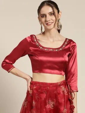 Women Maroon Satin Zari Embroidered Crop Top