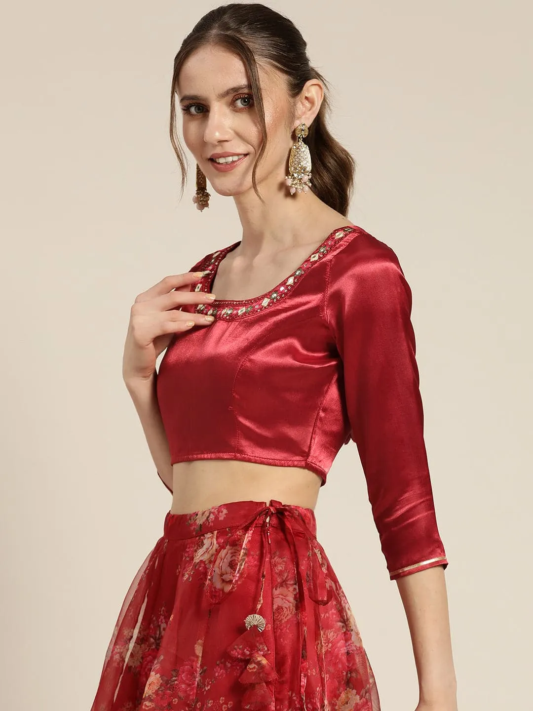 Women Maroon Satin Zari Embroidered Crop Top