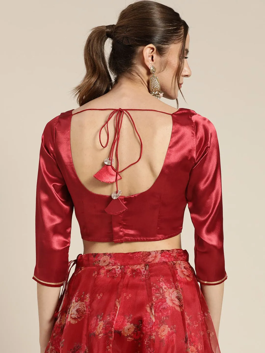 Women Maroon Satin Zari Embroidered Crop Top