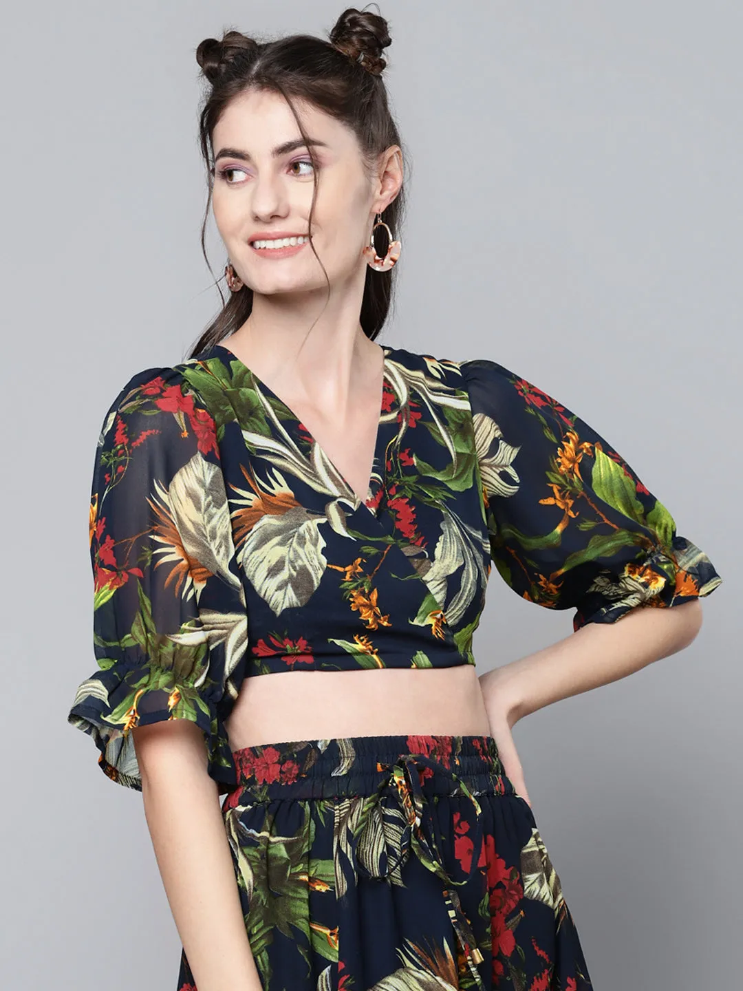 Women Navy Floral Wrap Crop Top