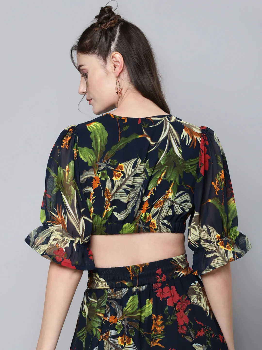 Women Navy Floral Wrap Crop Top